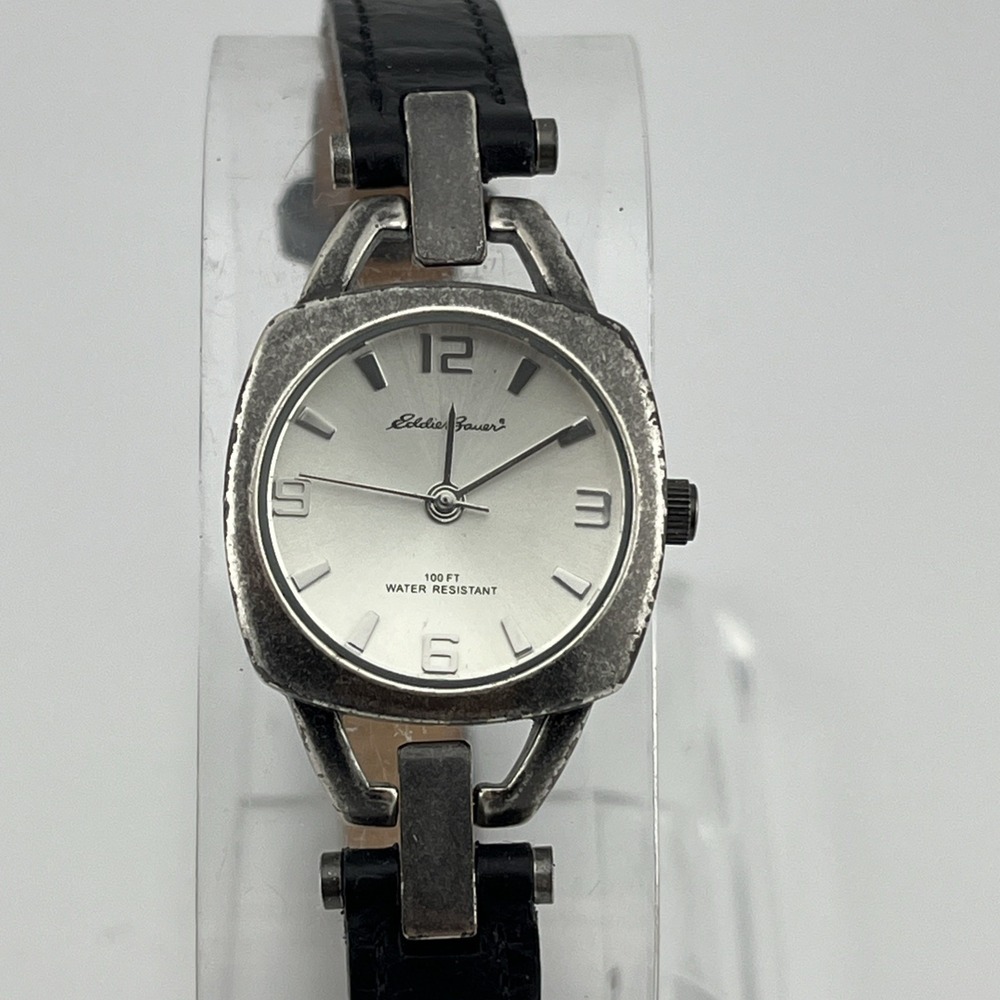 Eddie Bauer Watch Women 23mm Case Black Leather Band V8V181- New‎ Battery